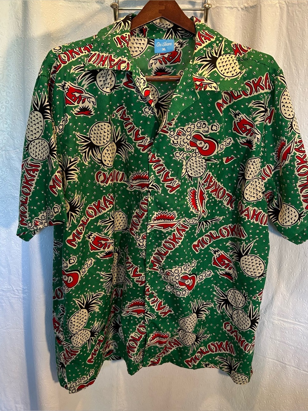 ON SHORE Hawaiian Short Sleeve ButtonUp Collar Shirt Green Pineapple Print Sz XL
